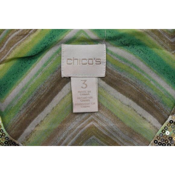 Chico's Size 3 Green Polyester Blouse V Neck 3/4 Sleeve Geometric - Picture 8 of 9